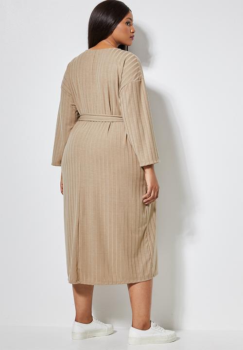 Superbalist - Rib knit tie drop shoulder dress - stone