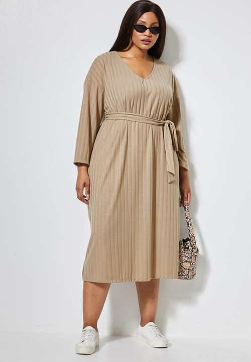 Superbalist - Rib knit tie drop shoulder dress - stone