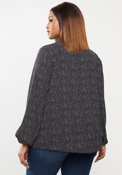 edit Plus - Long sleeve neck tie shell blouse - black & white