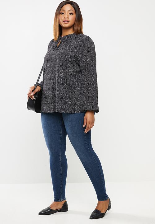 edit Plus - Long sleeve neck tie shell blouse - black & white