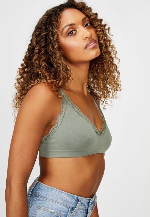 Cotton On - Seamfree rib & lace triangle bralette - cool avocado
