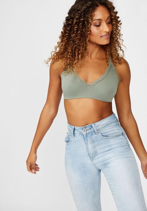 Cotton On - Seamfree rib & lace triangle bralette - cool avocado