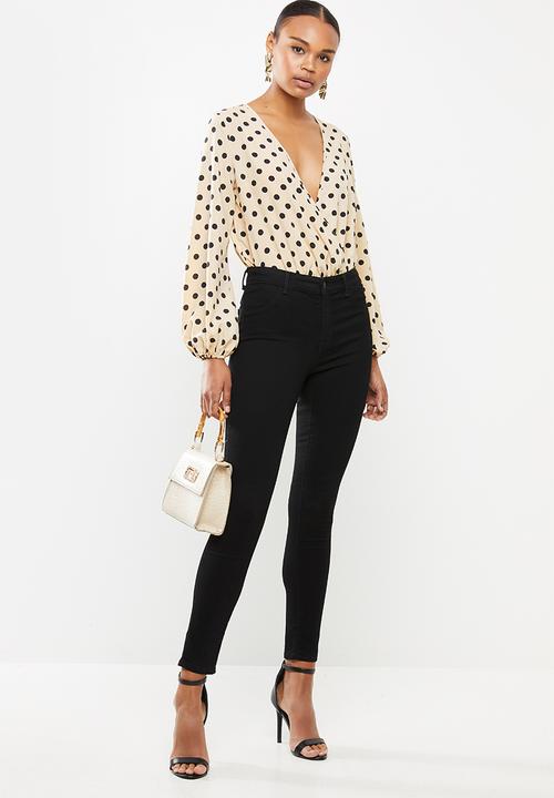Missguided - Polka dot balloon sleeve wrap bodysuit - cream
