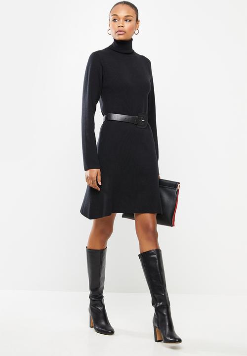 edit - Knitwear polo neck a-line dress - black