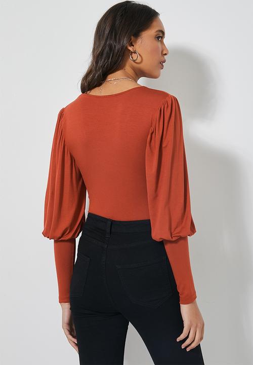 Superbalist - V-neck puff sleeve bodysuit - light tobacco