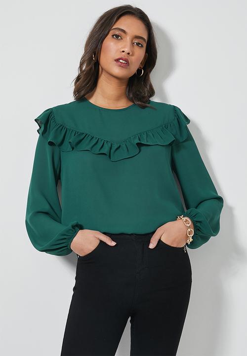 emerald green ruffle blouse