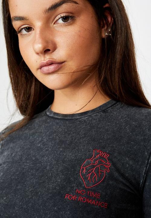 Factorie - Fitted graphic T-shirt no romance - washed black