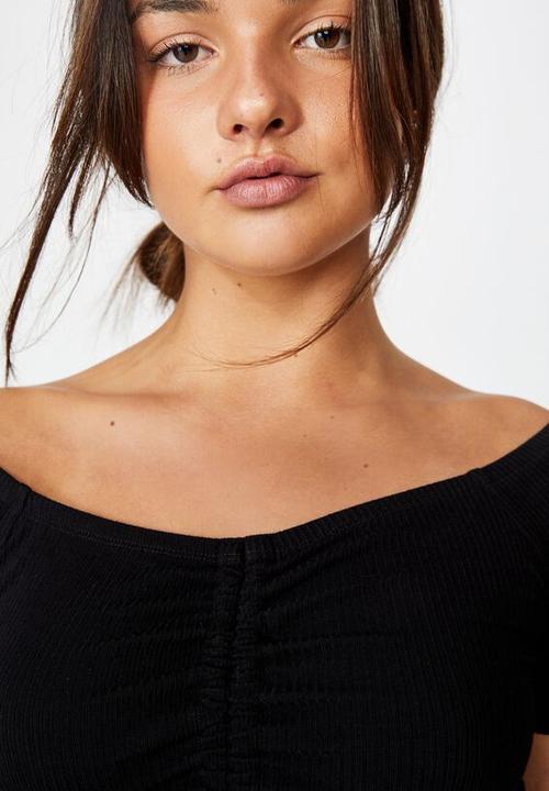 Factorie - Pull front off the shoulder rib top - black