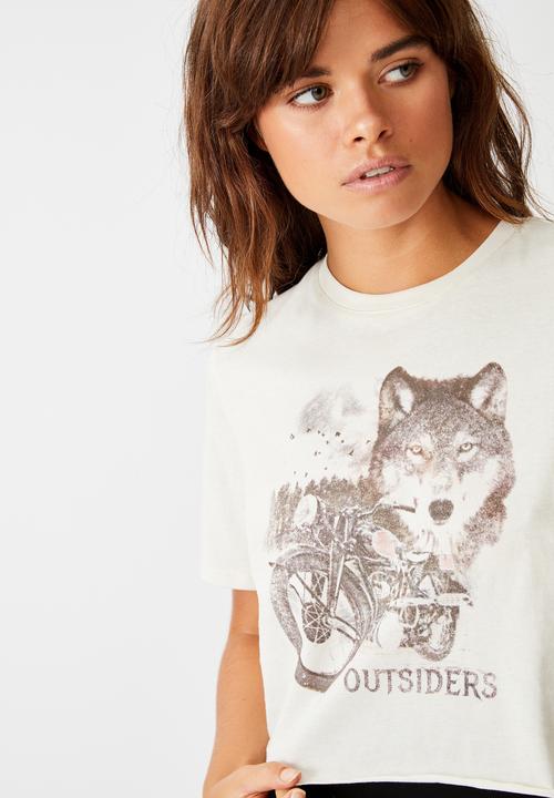 Factorie - Short sleeve raw edge crop T-shirt outsiders - washed ivory