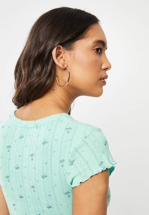 Factorie - Short sleeve pointelle Hannah ditsy top - blue aqua haze