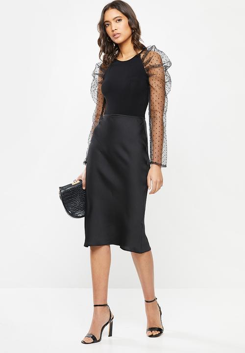 VELVET - Satin bias cut slip skirt - black