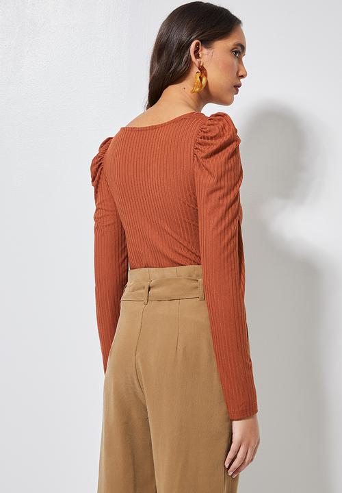 Superbalist - Puff sleeve rib top - rust