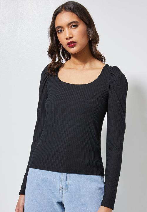 Superbalist - Puff sleeve rib top - black