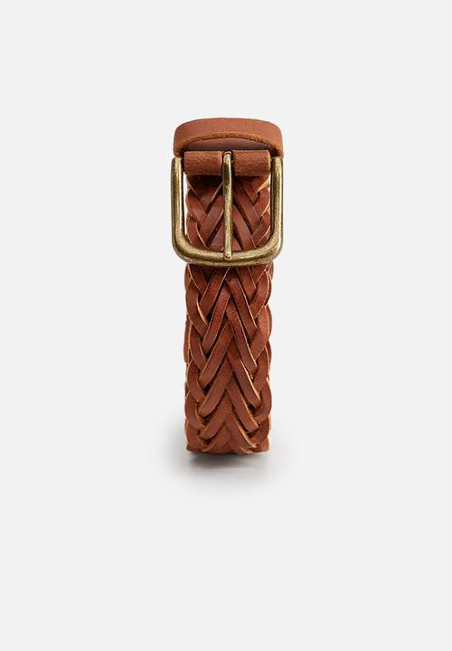 MANGO - Braided woven bovian leather belt - medium brown