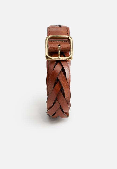 MANGO - Braided bovine leather belt - medium brown
