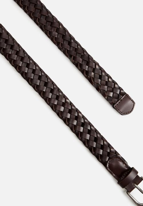 MANGO - Woven bovine leather belt - brown