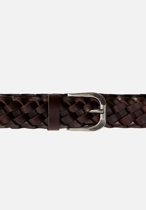MANGO - Woven bovine leather belt - brown