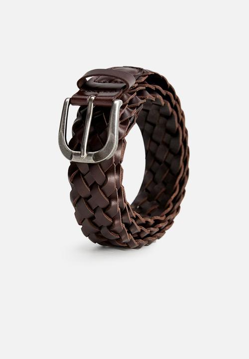 MANGO - Woven bovine leather belt - brown