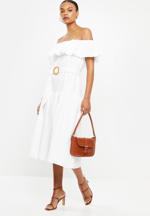 Missguided - Bardot tiered smock midi dress - white