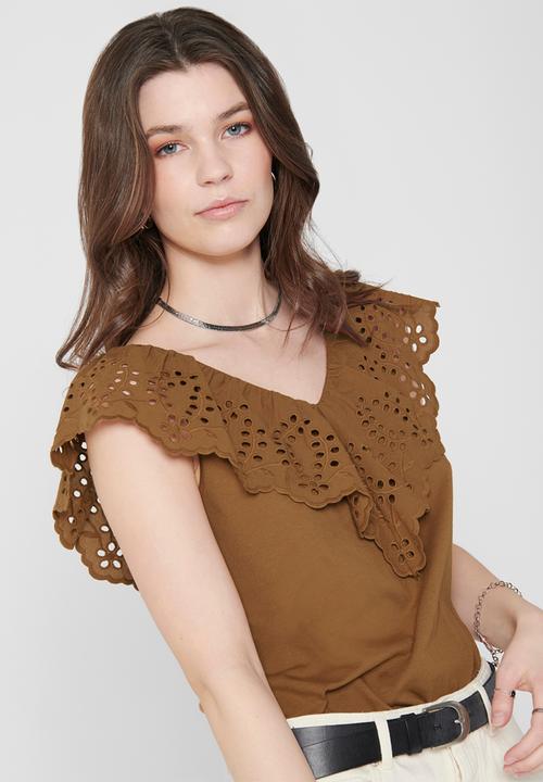 Jacqueline de Yong - Alba life short sleeve v-neck top - brown