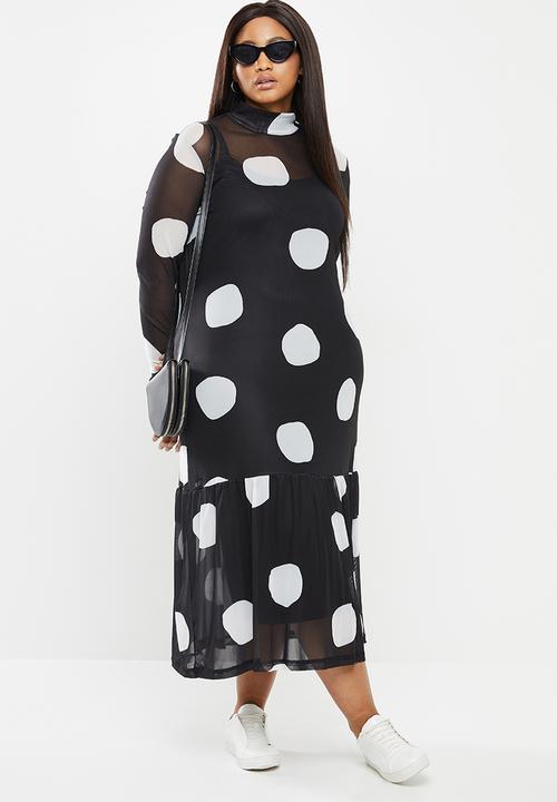 Me&B - Plus size mesh spot dress with tier - black & white