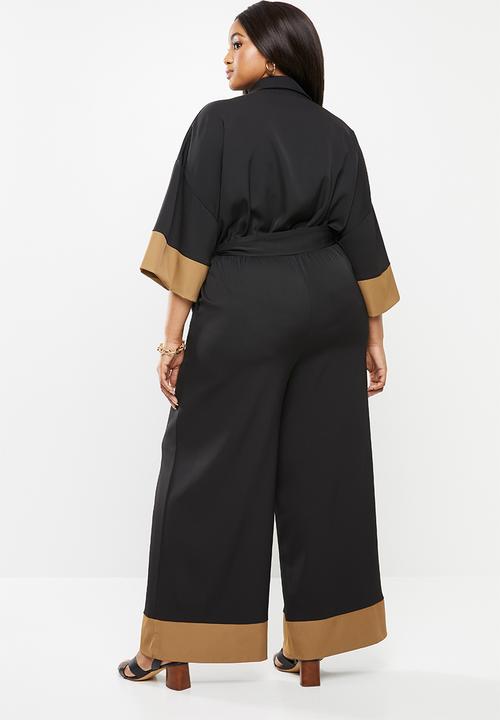 Me&B - Plus size colour block dolman sleeve jumpsuit - black & camel