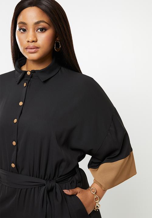 Me&B - Plus size colour block dolman sleeve jumpsuit - black & camel