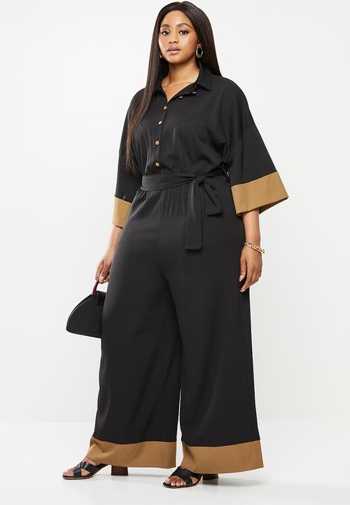 Me&B - Plus size colour block dolman sleeve jumpsuit - black & camel
