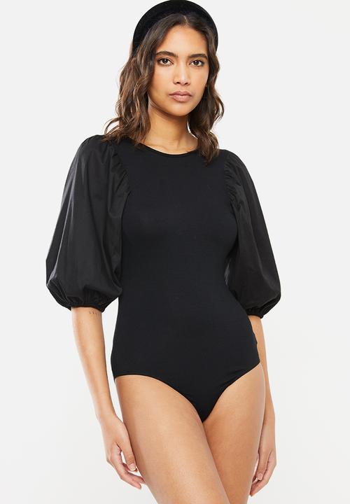VELVET - Puff sleeve combo bodysuit - black