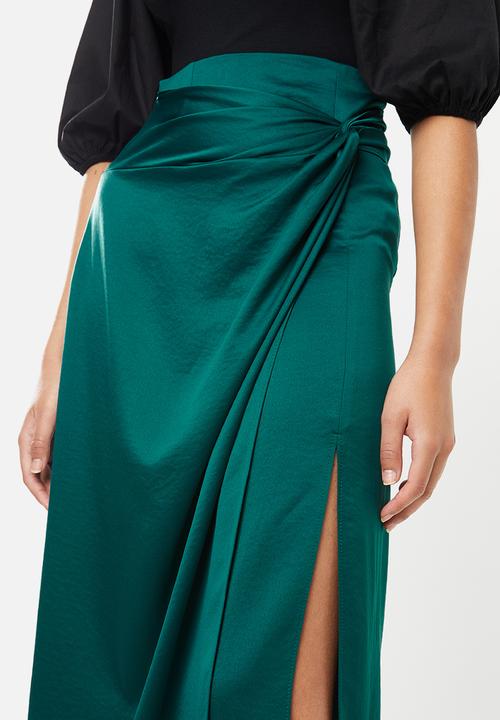 VELVET - Satin mock wrap midi skirt - green
