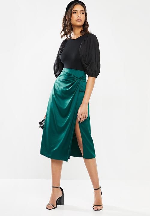 VELVET - Satin mock wrap midi skirt - green