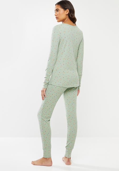 Cotton On - Waffle henley long john set - ditzy garden washed aloe