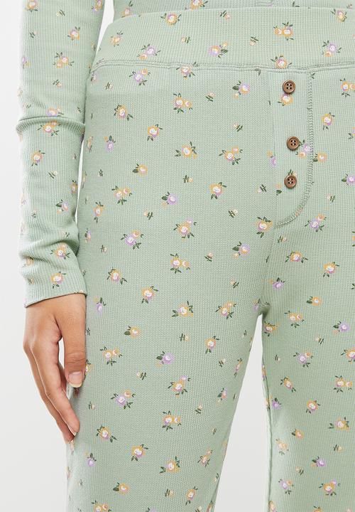 Cotton On - Waffle henley long john set - ditzy garden washed aloe