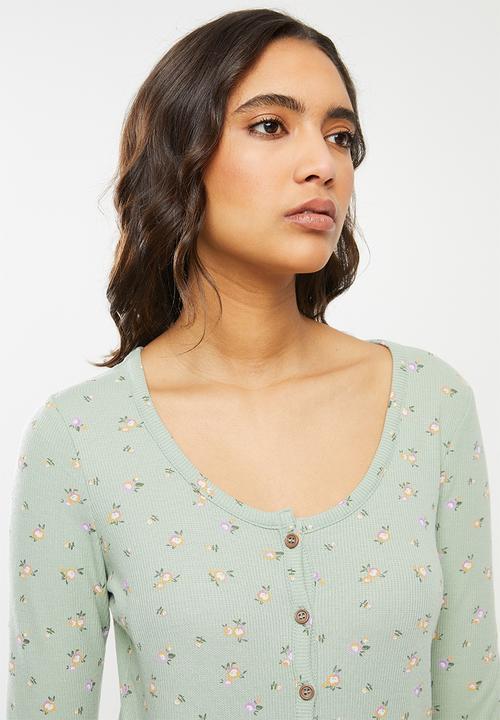 Cotton On - Waffle henley long john set - ditzy garden washed aloe