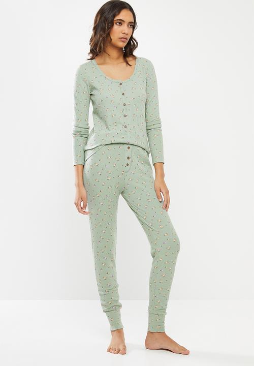 Cotton On - Waffle henley long john set - ditzy garden washed aloe