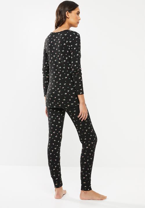 Cotton On - Waffle henley long john set - ditzy garden washed black