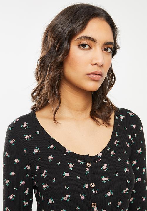 Cotton On - Waffle henley long john set - ditzy garden washed black
