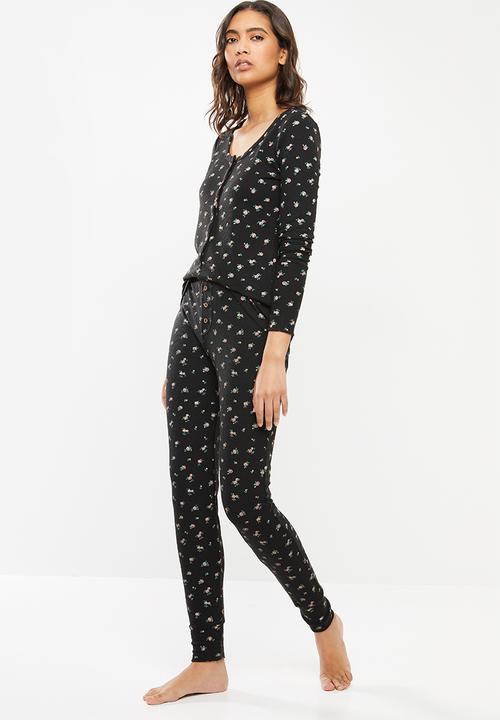Cotton On - Waffle henley long john set - ditzy garden washed black