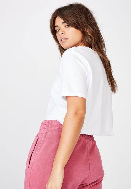 Factorie - Short sleeve raw edge crop T-shirt twisted dragon - white