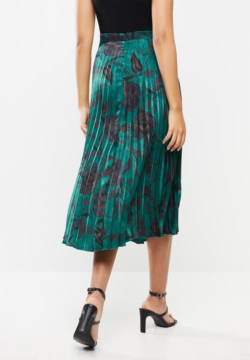 VELVET - Pleated midi skirt - jade & black