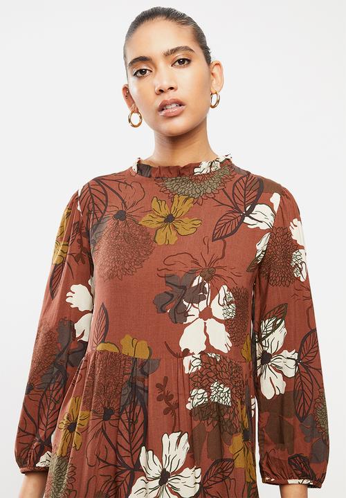 Blake - Floral tiered mini dress - brown