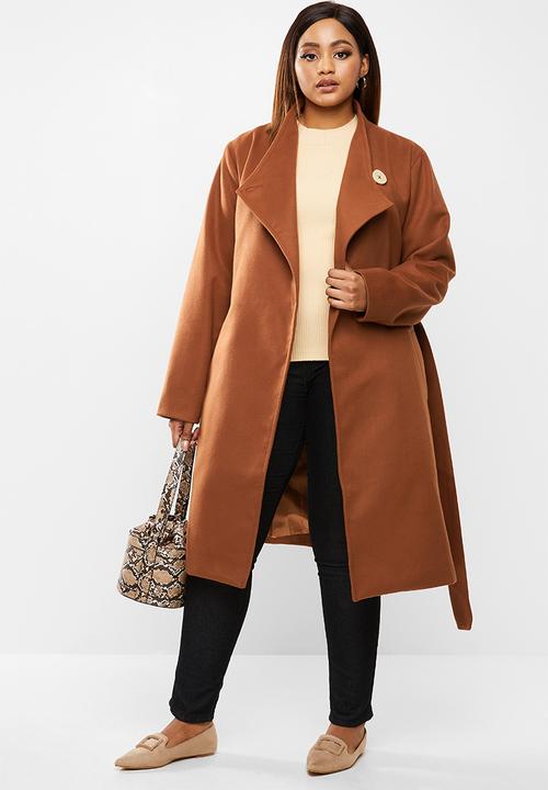 edit Plus - Plus funnel neck coat - tobacco