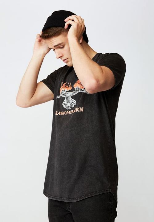 Factorie - Crash and burn curved graphic T-shirt - washed black
