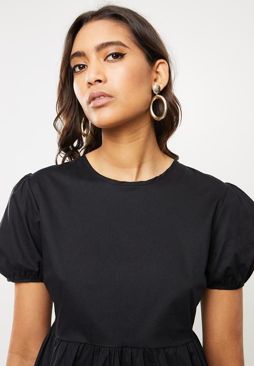 VELVET - Puff sleeve backless peplum blouse - black