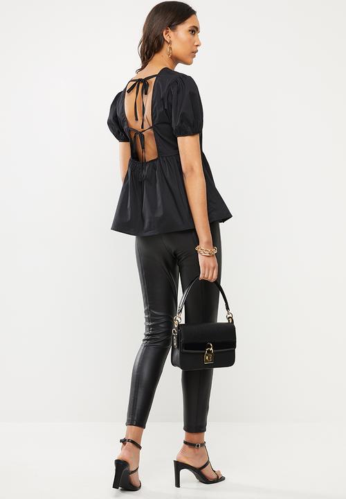 VELVET - Puff sleeve backless peplum blouse - black