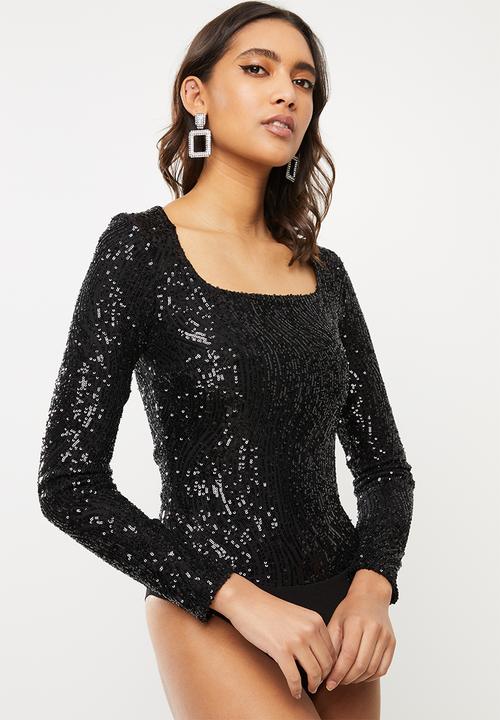 SISSY BOY - Girl boss sequin scoop neck bodysuit - black