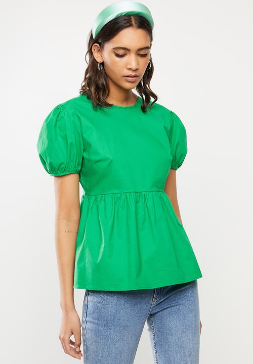 VELVET - Puff sleeve backless peplum blouse - green