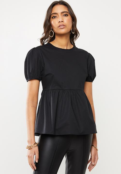 VELVET - Puff sleeve backless peplum blouse - black