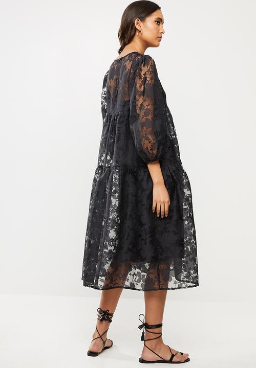 VELVET - Organza burn out tiered midi dress - black