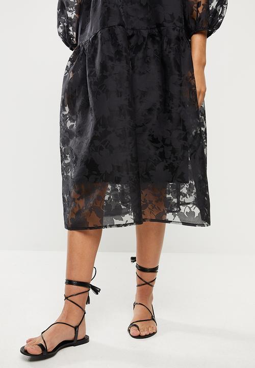 VELVET - Organza burn out tiered midi dress - black